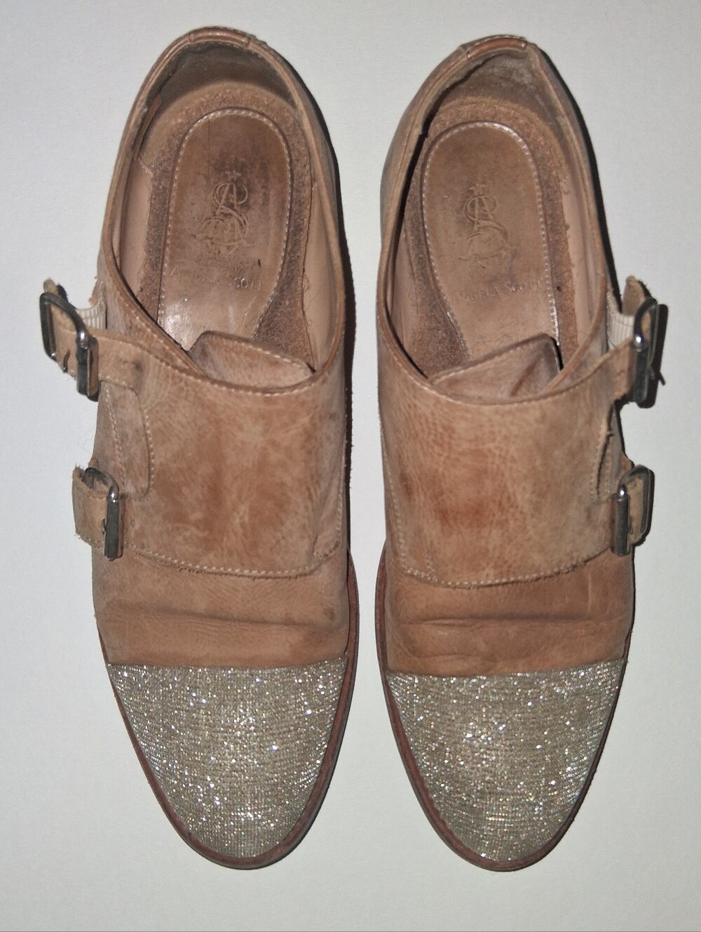 The Office of Angela Scott Tan Leather Double Monk Strap, Glitter Sparkle Toe